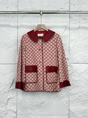 Gucci Cream and Red GG Jacquard Jacket with Leather Trim